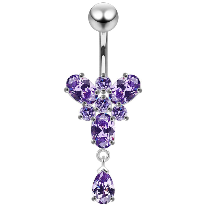 Ocean Blue Stone Studded SS Curved Bar Belly Ring - Monster Piercing