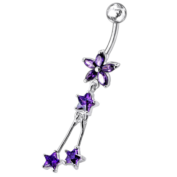 Flower with Triple Star Dangling Belly Moving Ring - Monster Piercing