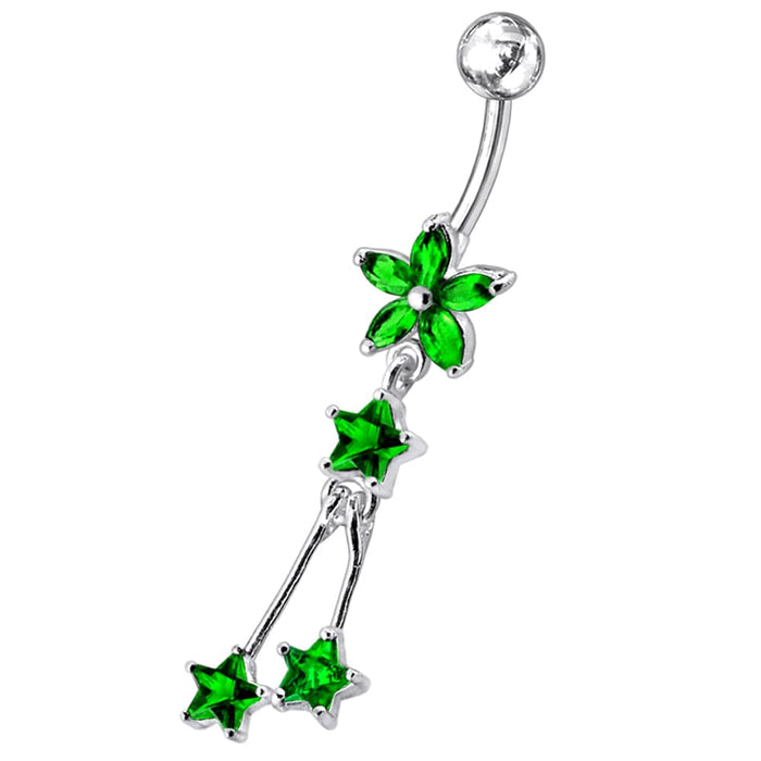 Flower with Triple Star Dangling Belly Moving Ring - Monster Piercing