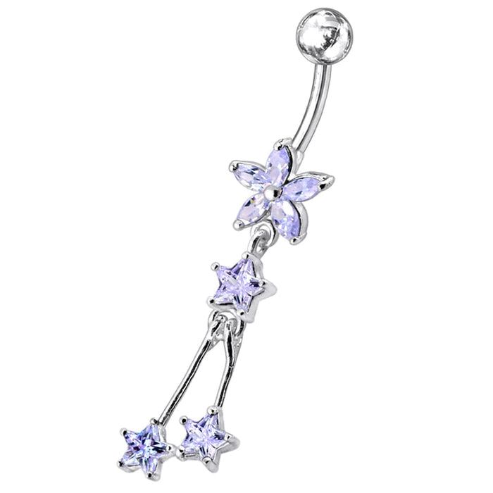 Flower with Triple Star Dangling Belly Moving Ring - Monster Piercing