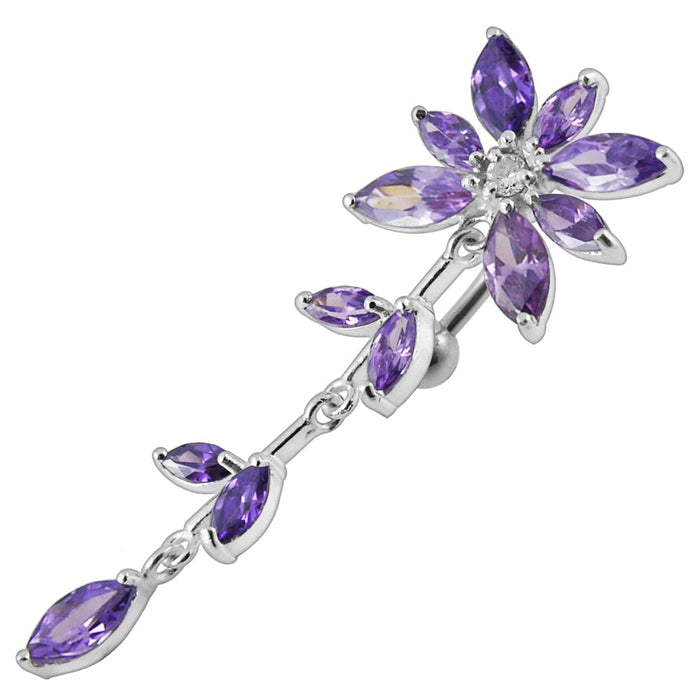 Flower Stone Studded Dangling Jeweled SS Bar Belly Ring - Monster Piercing