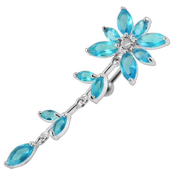 Flower Stone Studded Dangling Jeweled SS Bar Belly Ring - Monster Piercing