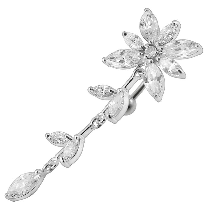 Flower Stone Studded Dangling Jeweled SS Bar Belly Ring - Monster Piercing