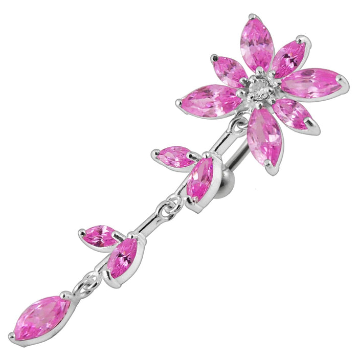 Flower Stone Studded Dangling Jeweled SS Bar Belly Ring - Monster Piercing