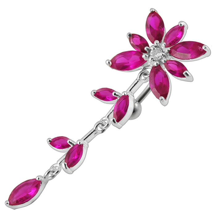 Flower Stone Studded Dangling Jeweled SS Bar Belly Ring - Monster Piercing