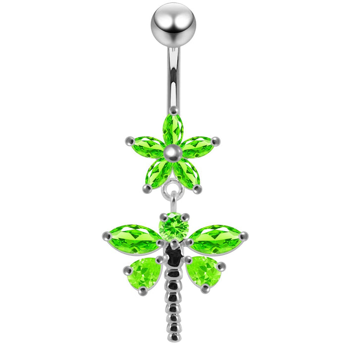 Flower and Dragonfly Dangling Belly Moving Ring - Monster Piercing