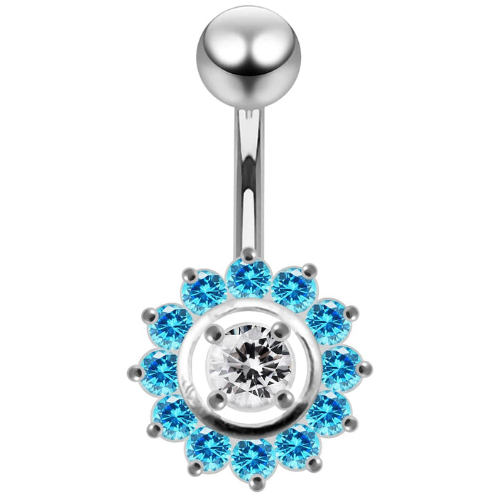 Fancy Silver Jeweled Sun Flower SS Curved Bar Belly RingÊ - Monster Piercing