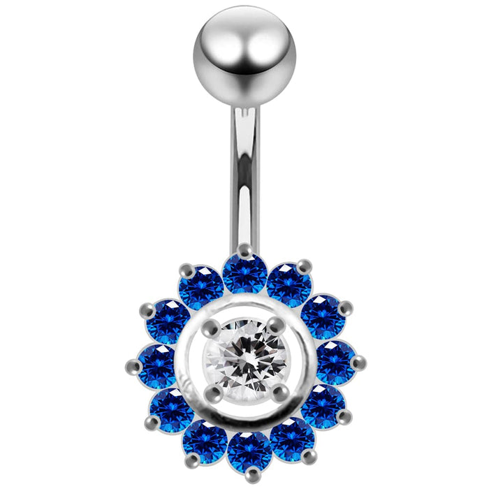 Fancy Silver Jeweled Sun Flower SS Curved Bar Belly RingÊ - Monster Piercing