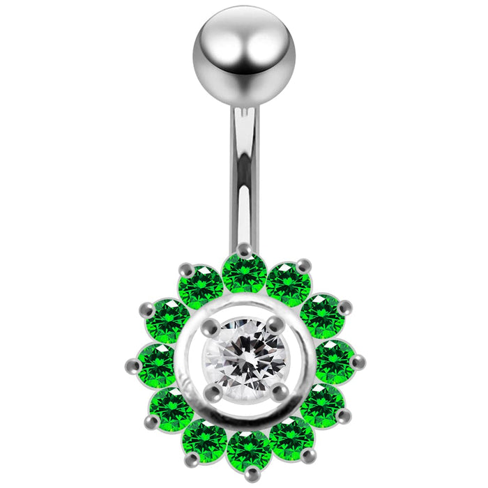 Fancy Silver Jeweled Sun Flower SS Curved Bar Belly RingÊ - Monster Piercing