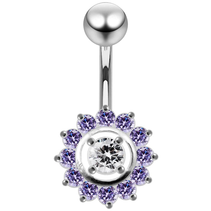 Fancy Silver Jeweled Sun Flower SS Curved Bar Belly RingÊ - Monster Piercing