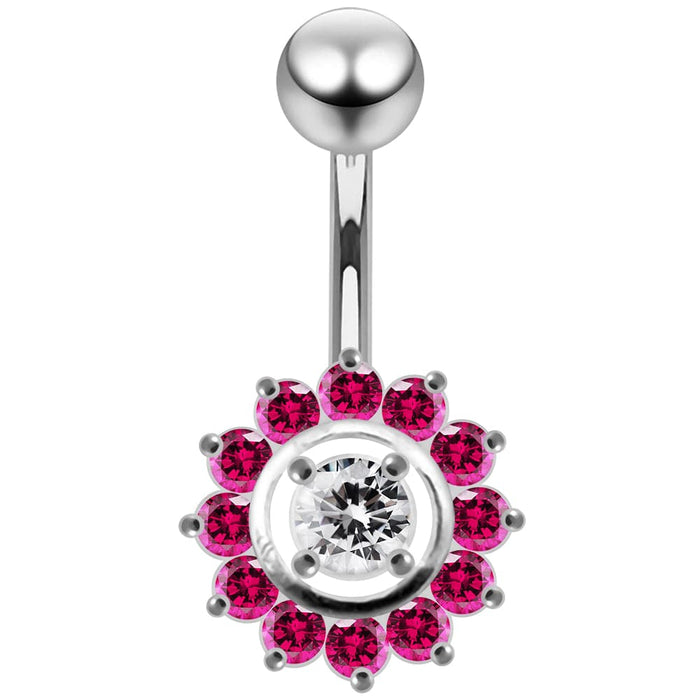 Fancy Silver Jeweled Sun Flower SS Curved Bar Belly RingÊ - Monster Piercing