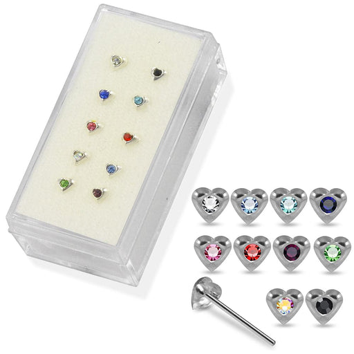 925 Sterling Silver 10pcs Jewelled Heart Straight End Nose Stud Box - Monster Piercing