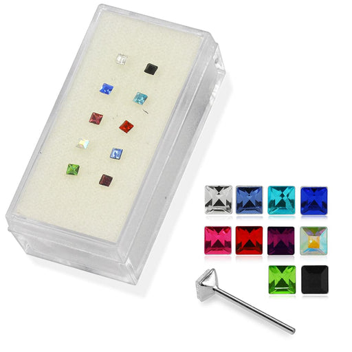 925 Sterling Silver 10pcs Square CZ Jewelled Straight End Nose Stud Box - Monster Piercing