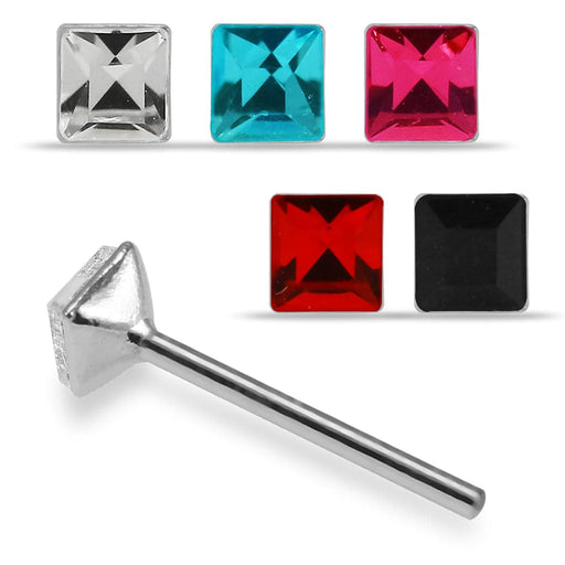 925 Sterling Silver 5pcs Square CZ Jewelled Straight End Nose Stud Box - Monster Piercing