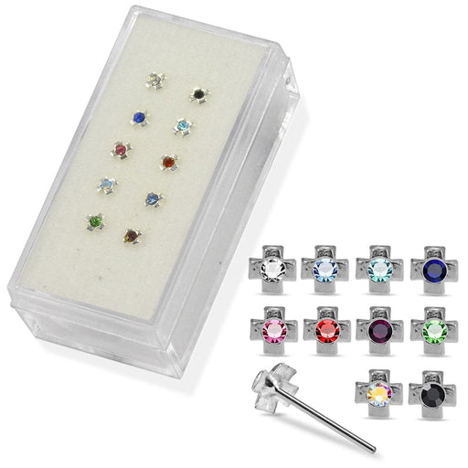 925 Sterling Silver 10pcs Jewelled Cross Straight End Nose Stud Box - Monster Piercing