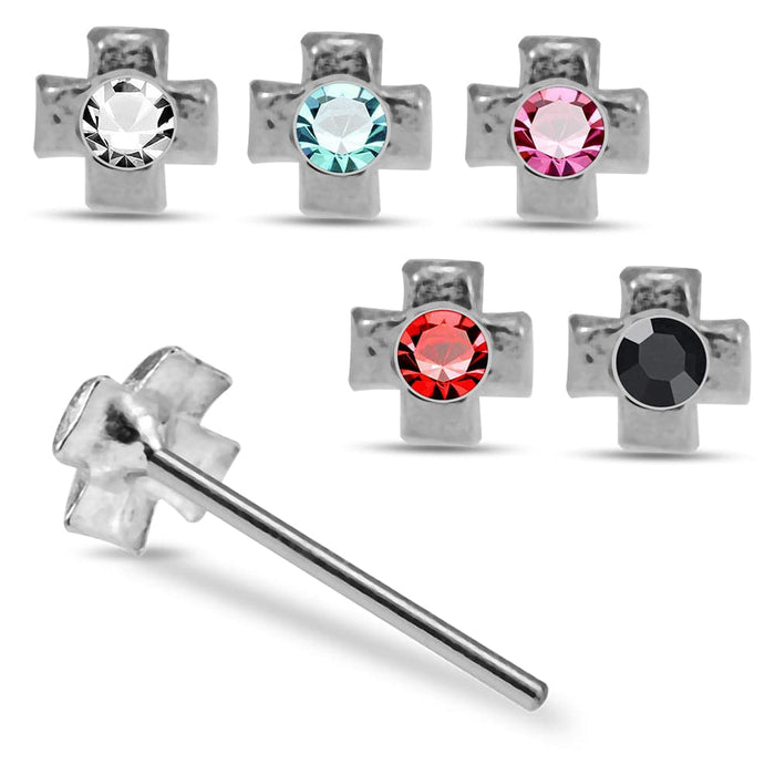 925 Sterling Silver 5pcs Jewelled Cross Straight End Nose Stud Box - Monster Piercing