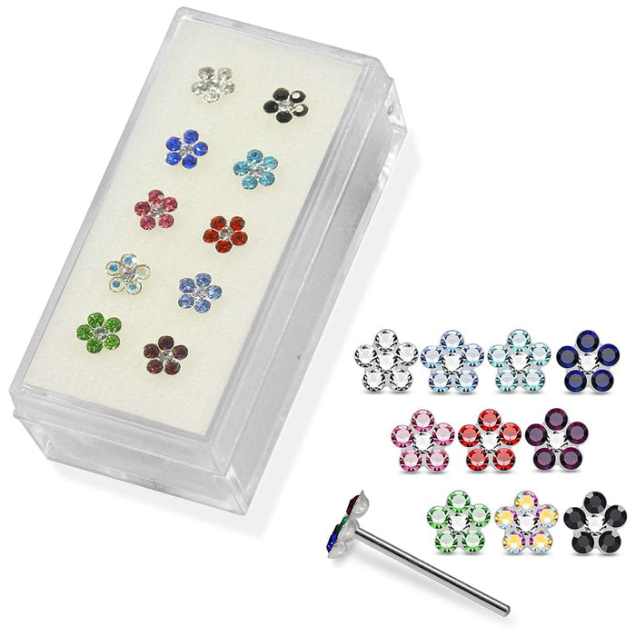 925 Sterling Silver 10pcs Jewelled Floral Flower Straight End Nose Stud Box - Monster Piercing