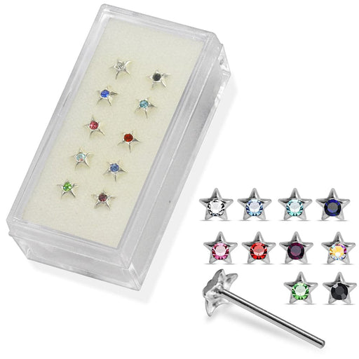 925 Sterling Silver 10pcs CZ Jewelled in Star Center Straight End Nose Stud Box - Monster Piercing