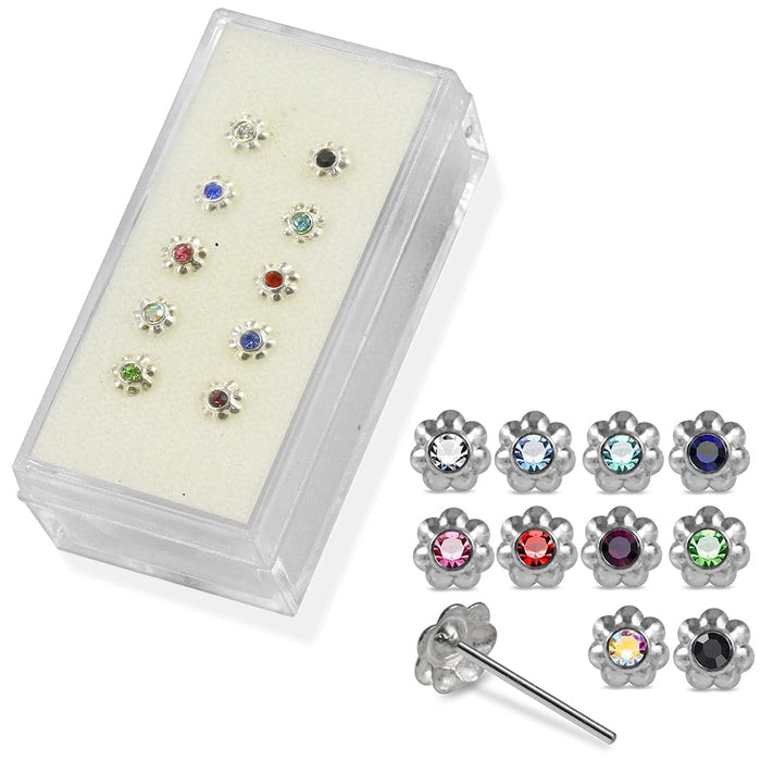 925 Sterling Silver 10pcs CZ Jewelled Flower Straight End Nose Stud Box - Monster Piercing