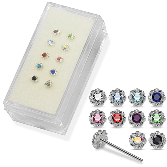 925 Sterling Silver 10pcs CZ Jewelled Flower  Design Straight End Nose Stud Box - Monster Piercing