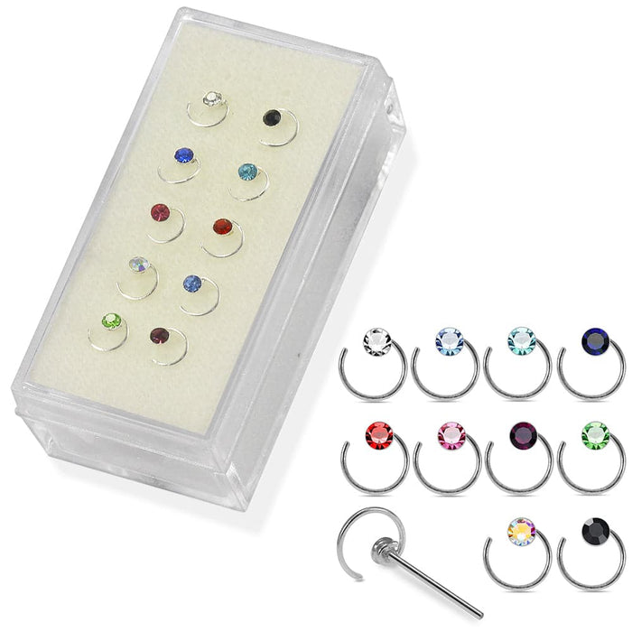 925 Sterling Silver 10pcs CZ Jewelled Coil  Design Straight End Nose Stud Box - Monster Piercing