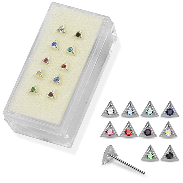 925 Sterling Silver 10pcs CZ Jewelled Triangle Straight End Nose Stud Box - Monster Piercing