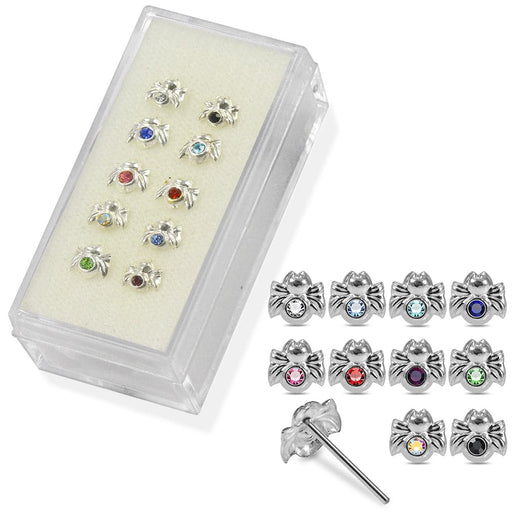 925 Sterling Silver 10pcs CZ Jewelled Spider  Straight End Nose Stud Box - Monster Piercing