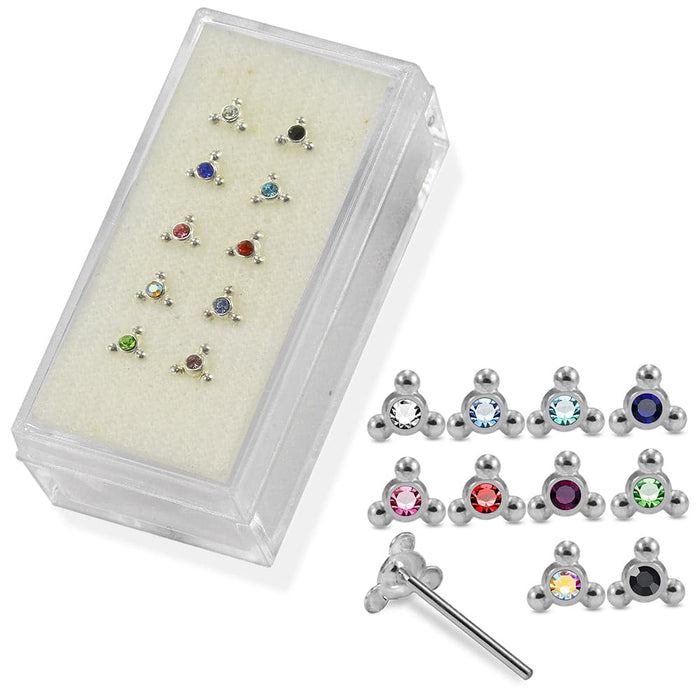 925 Sterling Silver 10pcs CZ Jewelled Triple Dot  Straight End Nose Stud Box - Monster Piercing