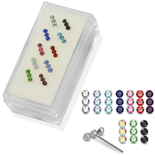 925 Sterling Silver 10pcs Tri CZ Jewelled Straight End Nose Stud Box - Monster Piercing