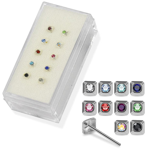 925 Sterling Silver 10pcs CZ Jewelled Pyramid Straight End Nose Stud Box - Monster Piercing