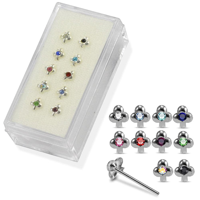 925 Sterling Silver 10pcs CZ Jewelled Clover Design Straight End Nose Stud Box - Monster Piercing