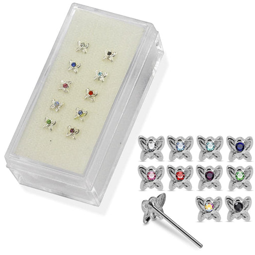 925 Sterling Silver 10pcs CZ Jewelled Butterfly Straight End Nose Stud Box - Monster Piercing