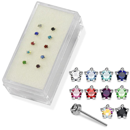 925 Sterling Silver 10pcs CZ Jewelled in Star Claw Setting Straight End Nose Stud Box - Monster Piercing