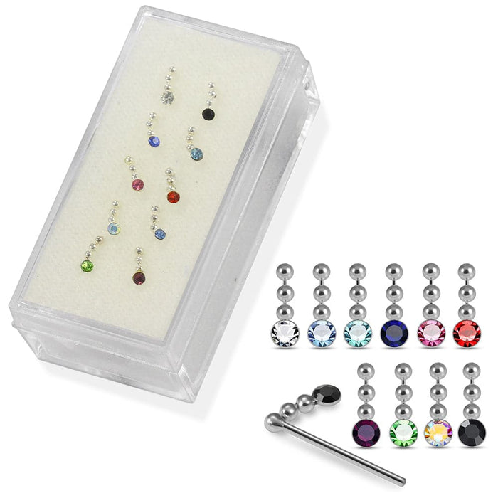 925 Sterling Silver 10pcs CZ Dangling in Chain  Straight End Nose Stud Box - Monster Piercing