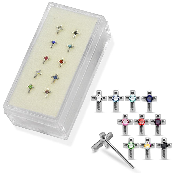 925 Sterling Silver 10pcs CZ Jewelled Cross Straight End Nose Stud Box - Monster Piercing