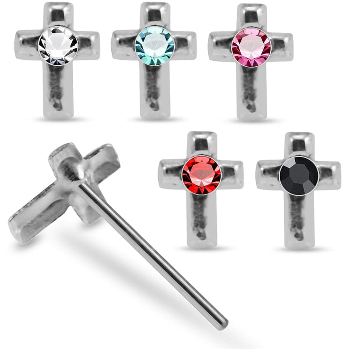 925 Sterling Silver 5pcs CZ Jewelled Cross Straight End Nose Stud Box - Monster Piercing