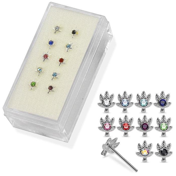 925 Sterling Silver 10pcs CZ Jewelled Marijuana Straight End Nose Stud Box - Monster Piercing