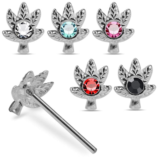 925 Sterling Silver 5pcs CZ Jewelled Marijuana Straight End Nose Stud Box - Monster Piercing