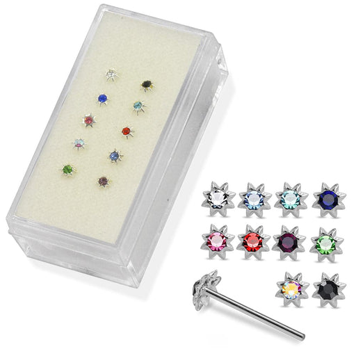 925 Sterling Silver 10pcs CZ Jewelled Sun Straight End Nose Stud Box - Monster Piercing