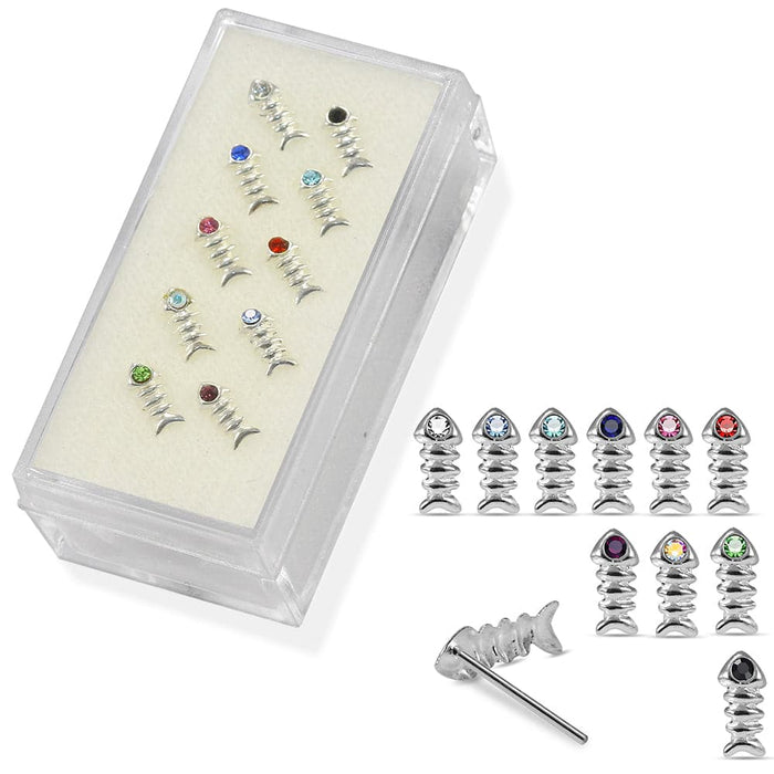 925 Sterling Silver 10pcs CZ Jewelled Fish Bone  Design Straight End Nose Stud Box - Monster Piercing