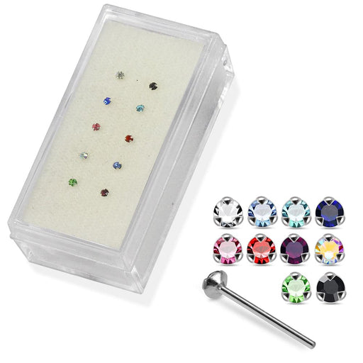 925 Sterling Silver 10pcs  CZ Jewelled In Tri Claw Setting Straight End Nose Stud Box - Monster Piercing