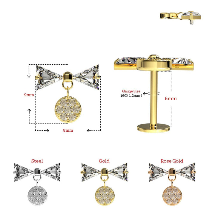 Jeweled Bowtie Internally Threaded Screw Fit Labret Stud - 16G Flat Back Stud - Monster Piercing