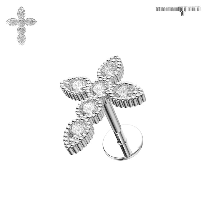 Jewelled Cross Internally Threaded Screw Fit Flat-Back Stud - Monster Piercing