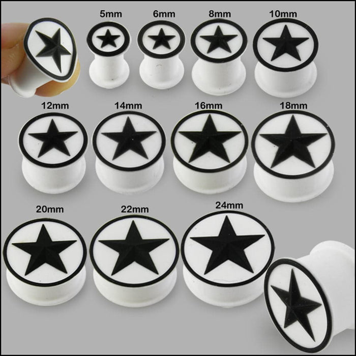 Embossed Black Star Silicone White Ear Plug Silicone Ear Tunnel - Monster Piercing