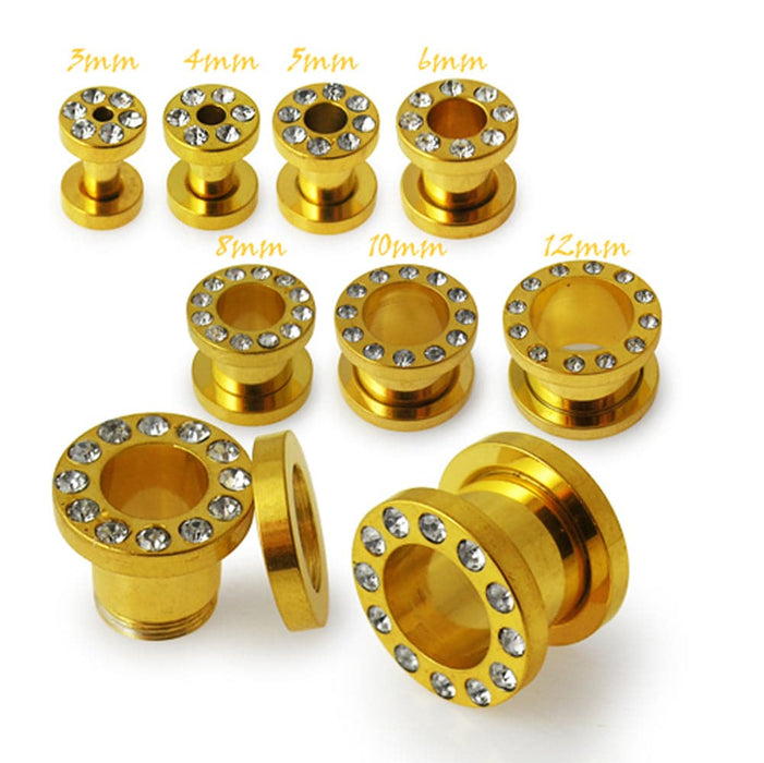 Gold Anodized Screw Fit Jeweled Flesh Tunnel - Monster Piercing