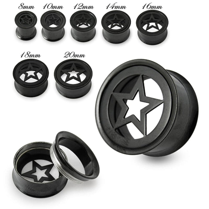 Black Star Plate Top Screw Fit Flesh Tunnel - Monster Piercing