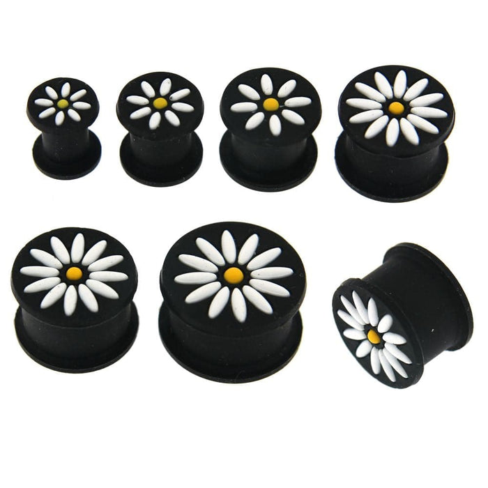 Embossed White Flower Black Silicone Ear Plug - Monster Piercing