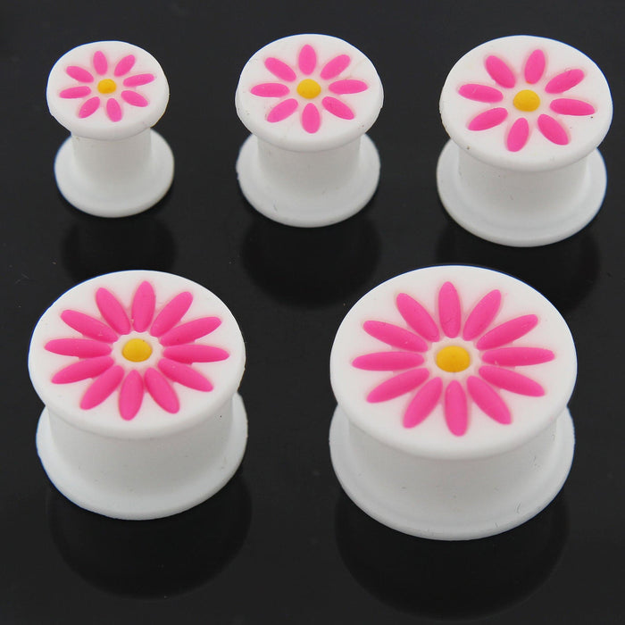 Embossed Pink Flower White Silicone Ear Plug - Monster Piercing