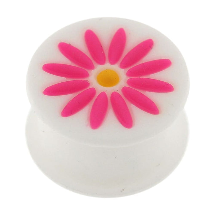 Embossed Pink Flower White Silicone Ear Plug - Monster Piercing