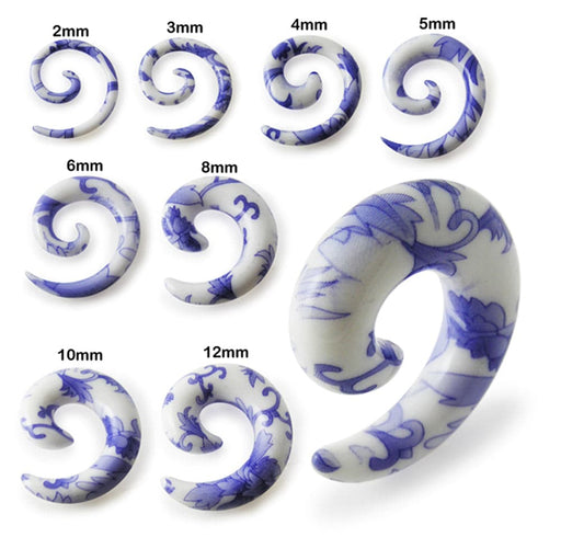 Blue China Print UV Acrylic Spiral Ear Taper - Monster Piercing